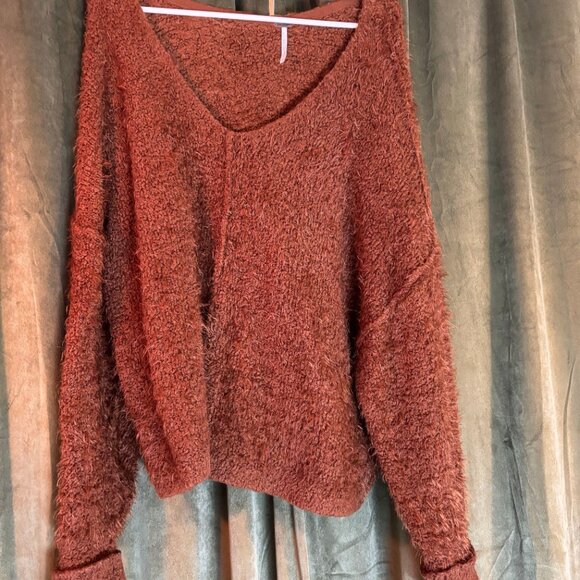 Free People Oversized Brown Icing Soft Fuzzy V-Neck - Picture 2 of 6